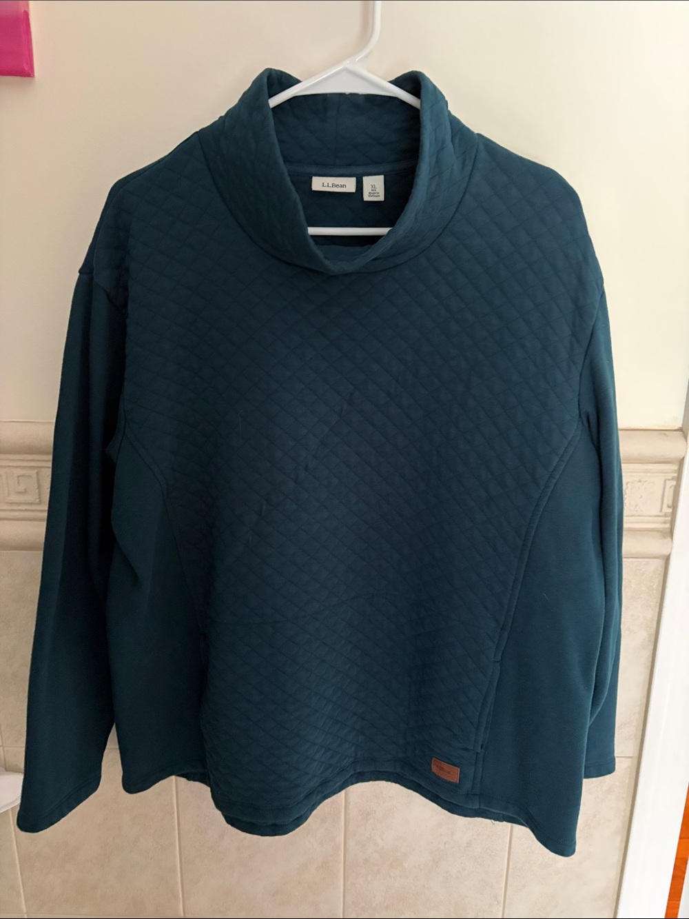 L.L. Bean Teal Quilted Cowl Neck Pullover